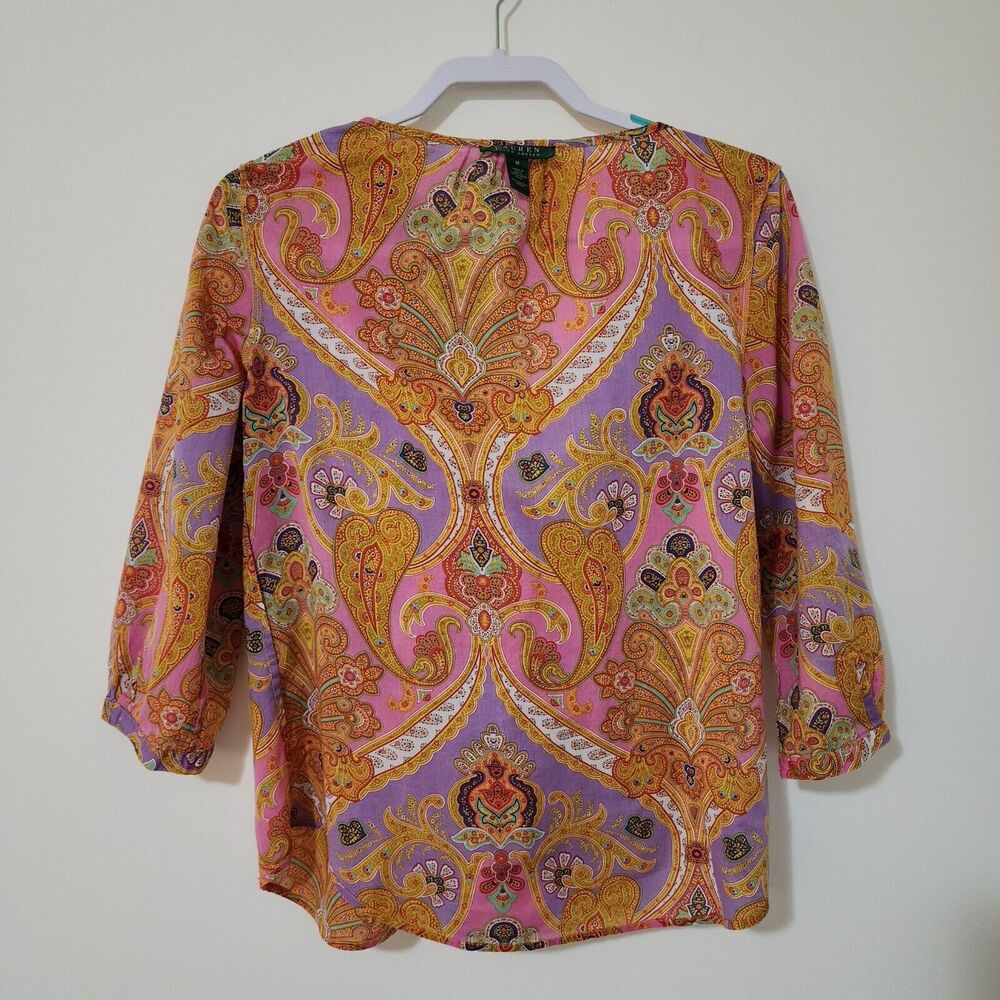 Lauren Ralph Lauren Womens Cotton Ruffle Blouse 3/4 Sleeve Colorful Paisley Sz M - Picture 6 of 10